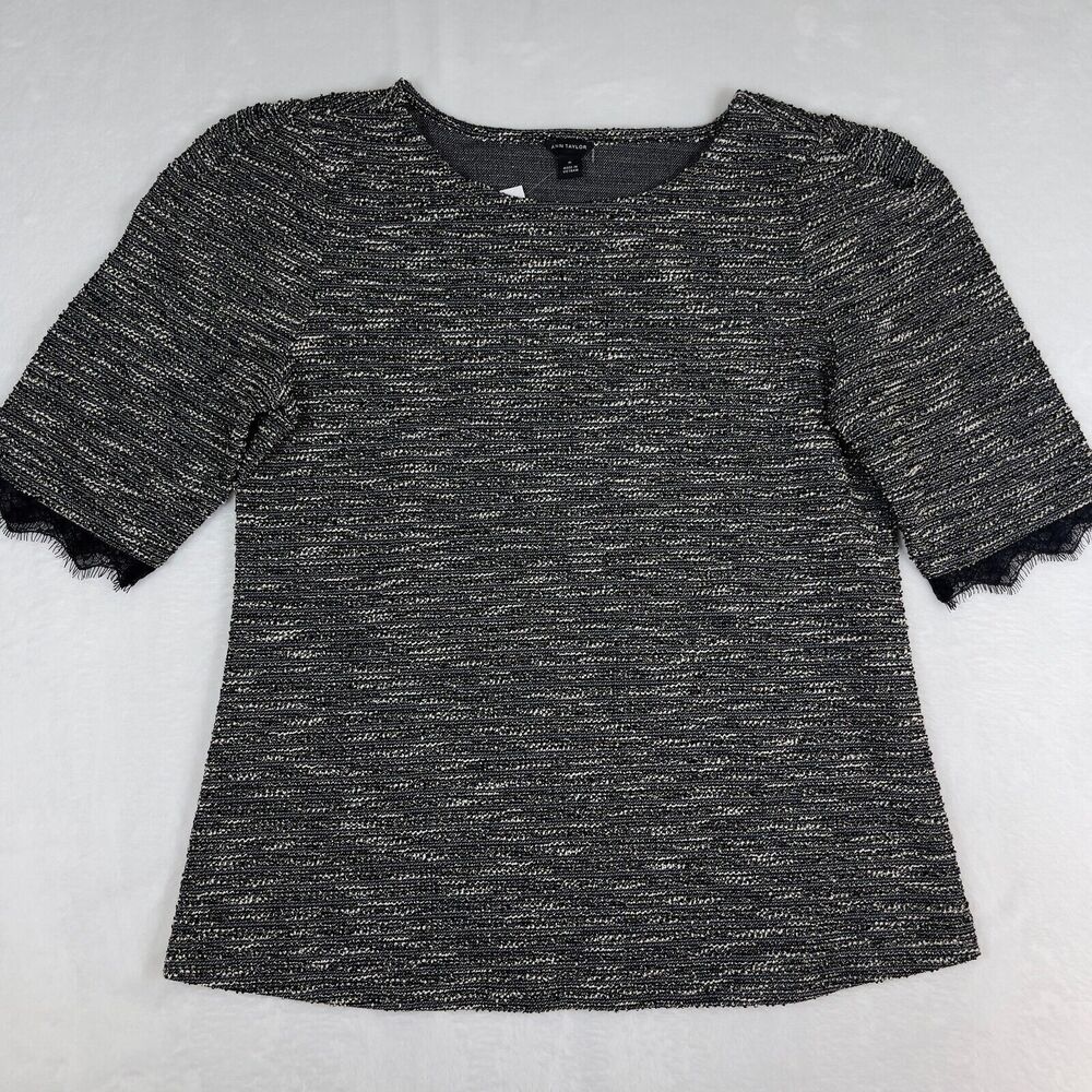 Ann Taylor Top Womens Size Medium Shirt Short Sleeve Lace Trim Black White